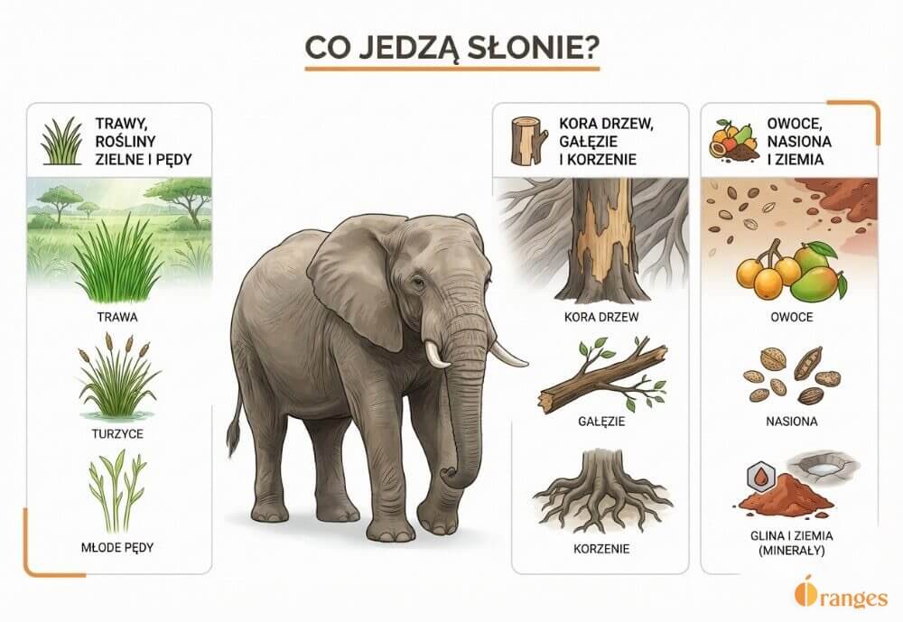 Infografika z realistycznym słoniem i trzema sekcjami pokazującymi, że słonie jedzą trawy i pędy, korę i korzenie oraz owoce, nasiona i ziemię bogatą w minerały