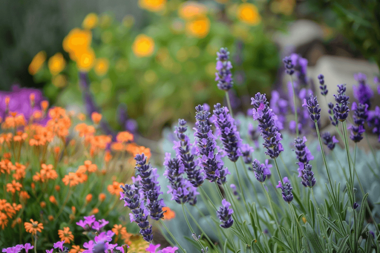 Kolorowe kwiaty w ogrodzie obok lawendy