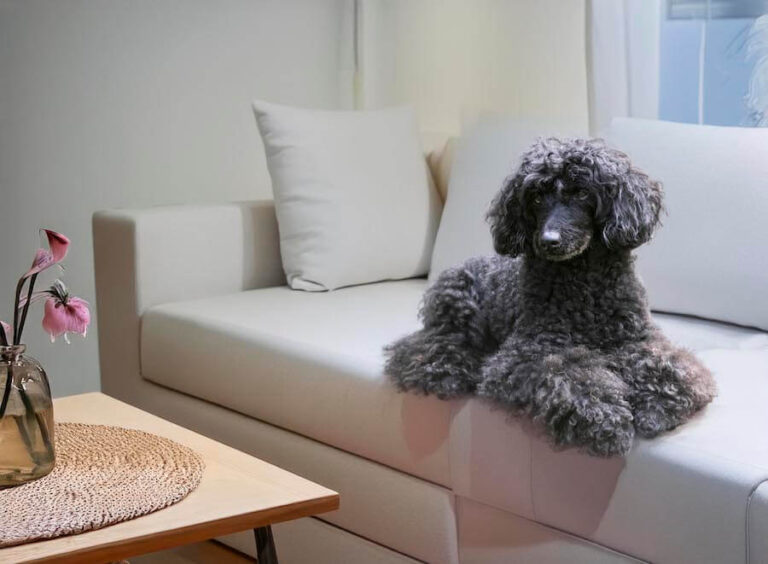 Pies, który nie gubi sierści, pudel na sofie