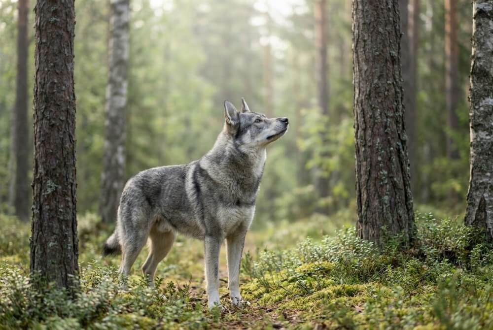 Łajka zachodniosyberyjska o wilkowatym wyglądzie, węszy w lesie przy miękkim porannym świetle