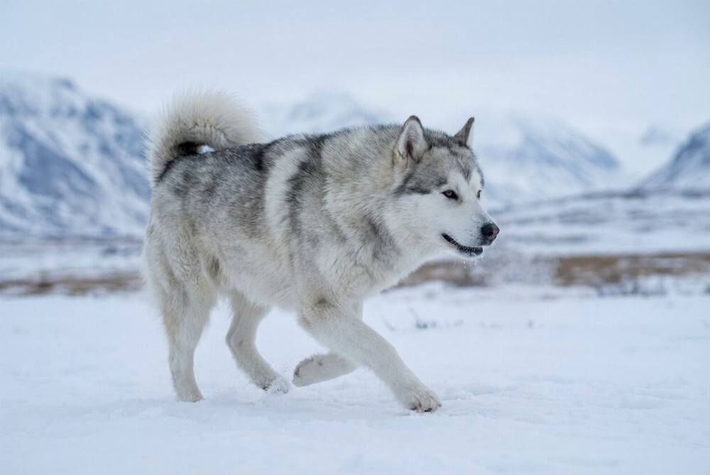 Pies grenlandzki o grubej podwójnej sierści, biegnący po śniegu w surowym, minimalistycznym krajobrazie