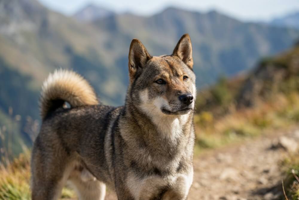 Shikoku Ken o sezamowym umaszczeniu, stojące uszy i zawinięty ogon, na górskim szlaku w naturalnym świetle