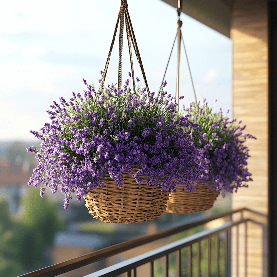 Lawenda w donicach wiszących na balkonie