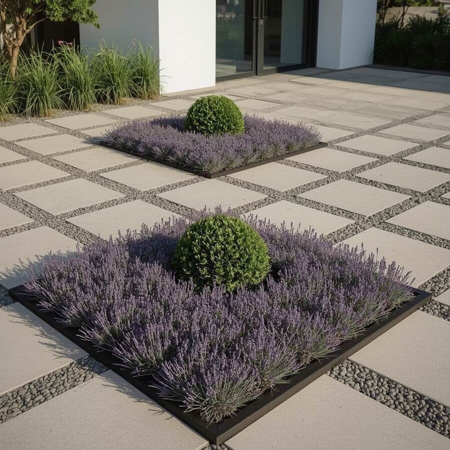 Nowoczesny front domu z lawendą