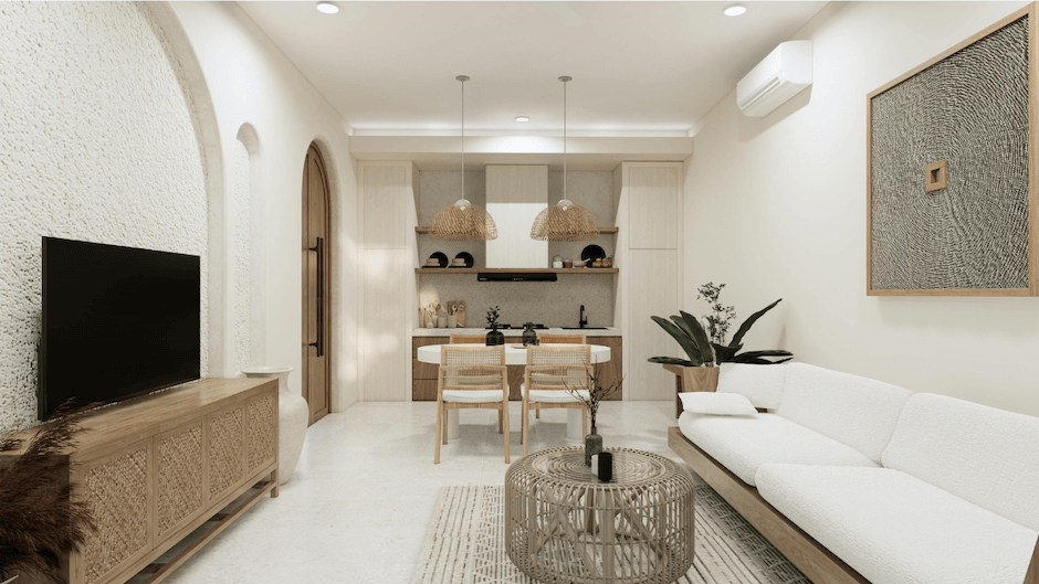 Jasny salon łączony z kuchnią