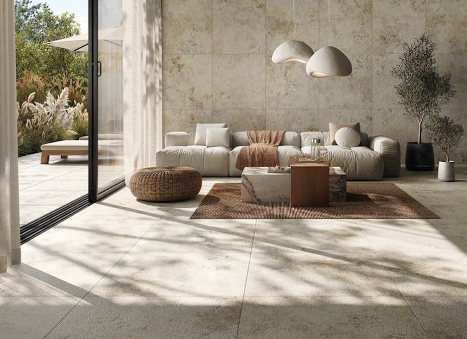 Breccia Fara – płytki kuchnne ułożone w jadalni połączonej z salonem