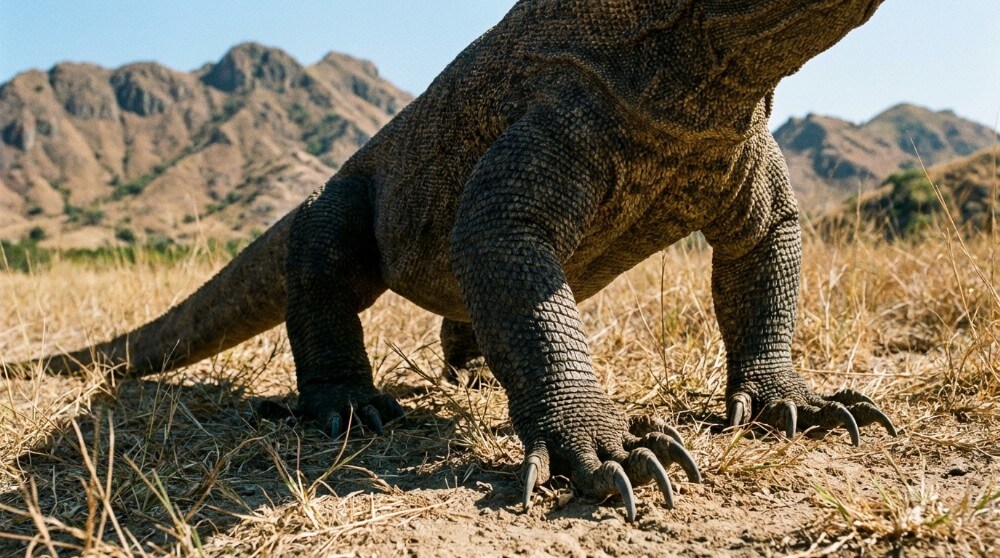Ogromny waran z Komodo idący przez suchą trawę w naturalnym środowisku w Indonezji