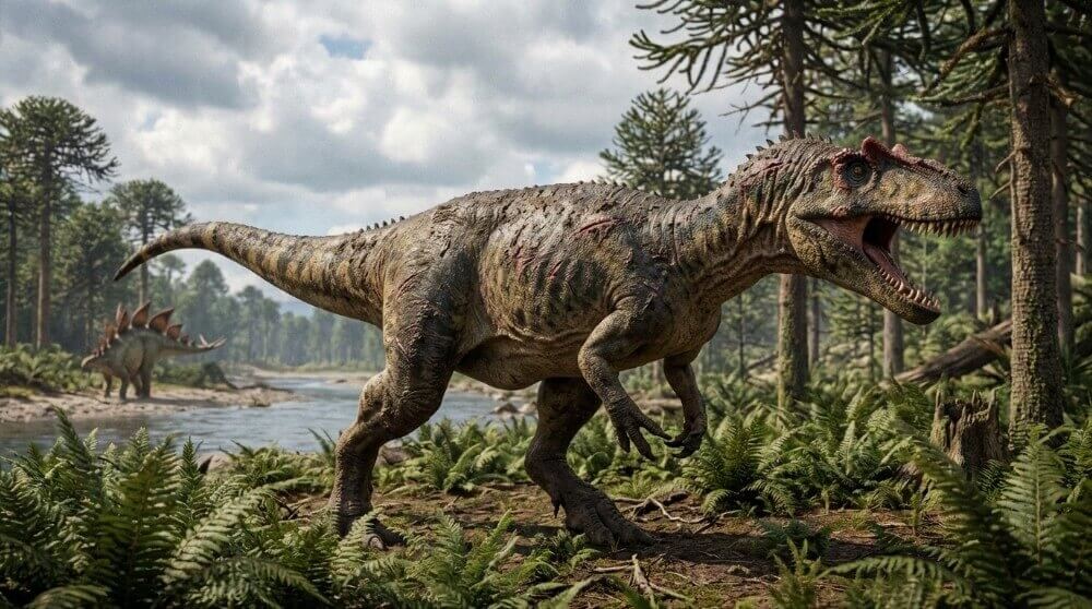 Dinozaur, przedstawiciel gatunku Allozaurów, w naturalnym środowisku