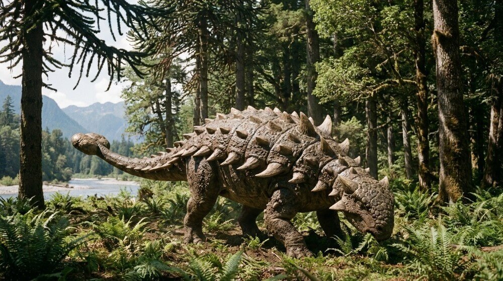 Dinozaur, przedstawiciel gatunku Ankylozaurów, w naturalnym środowisku