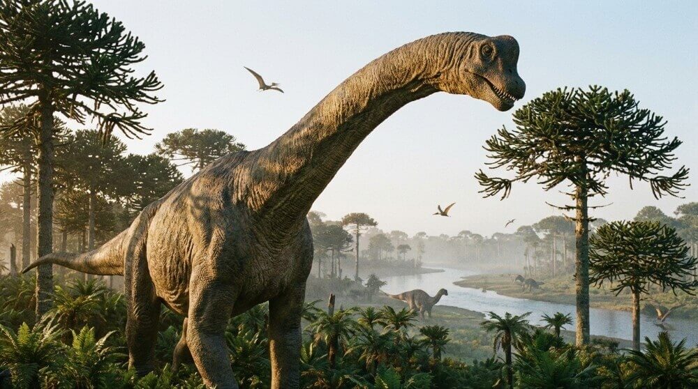 Dinozaur, przedstawiciel gatunku Brachiozaurów, w naturalnym środowisku