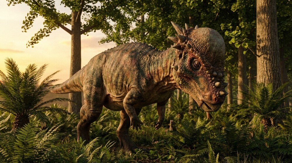 Dinozaur, przedstawiciel gatunku Cerapodów, w naturalnym środowisku