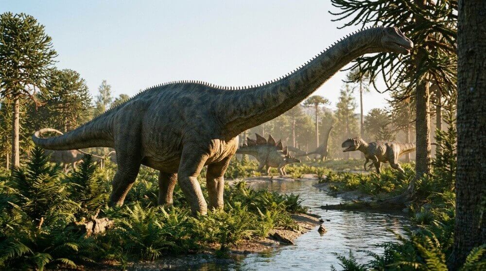 Dinozaur, przedstawiciel gatunku Diplodoków, w naturalnym środowisku