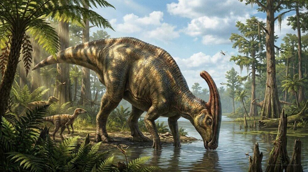 Dinozaur, przedstawiciel gatunku Parazaurolof, w naturalnym środowisku