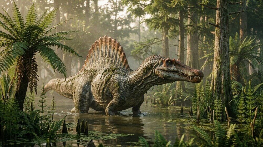 Dinozaur, przedstawiciel gatunku Spinozaurów, w naturalnym środowisku