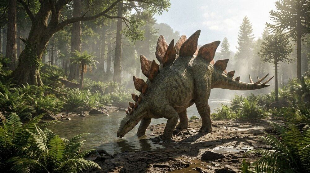 Dinozaur, przedstawiciel gatunku Stegozaurów, w naturalnym środowisku