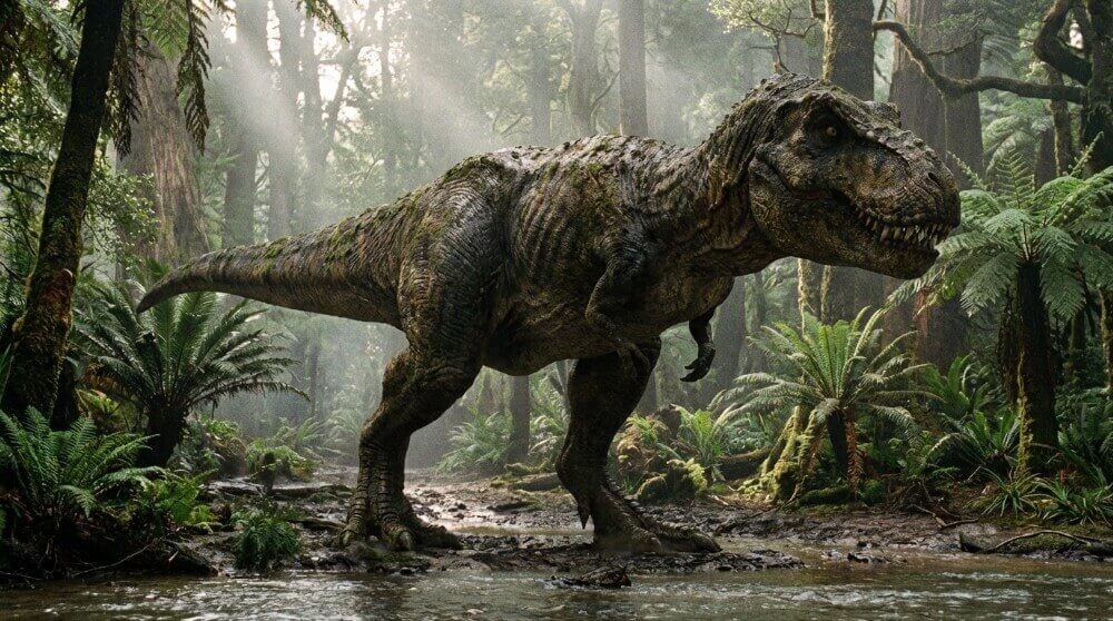 Dinozaur, przedstawiciel gatunku Teropodów, w naturalnym środowisku