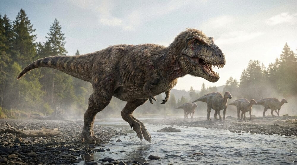 Dinozaur, przedstawiciel gatunku Tyranozaurów, w naturalnym środowisku