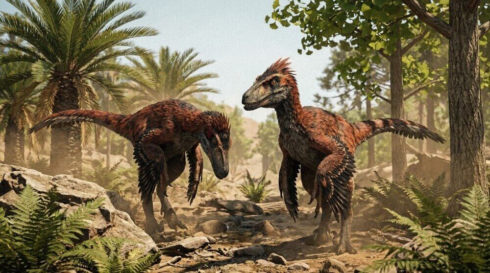 Dinozaur, przedstawiciel gatunku Welociraptorów, w naturalnym środowisku