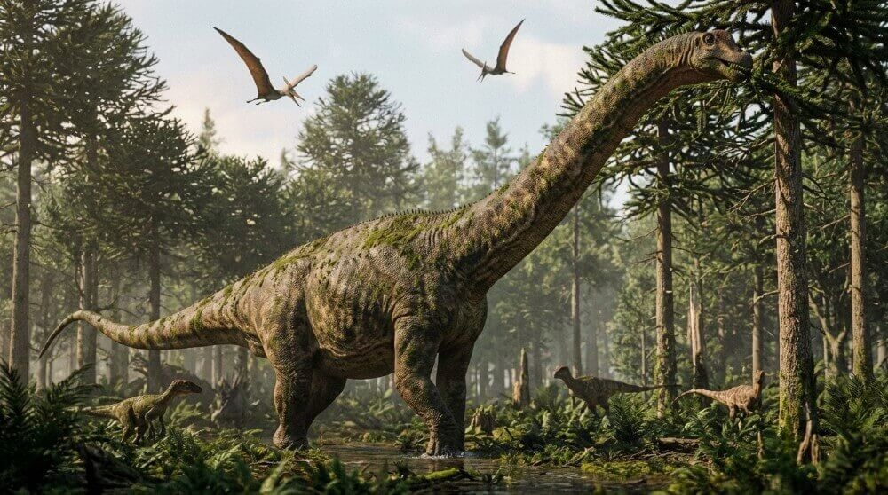 Dinozaur, przedstawiciel gatunku Zauropodomorfów, w naturalnym środowisku