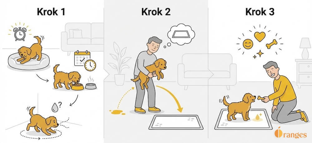 Pozioma infografika wektorowa w pastelowych kolorach przedstawiająca trzy kroki nauki szczeniaka sikania na matę: w pierwszej sekcji opiekun obserwuje sygnały psa (pobudka, miska, węszenie w kącie), w drugiej spokojnie przenosi go na białą matę treningową, a w trzeciej nagradza szczeniaka smakołykiem po skorzystaniu z maty, z widocznymi małymi tytułami „Krok 1”, „Krok 2”, „Krok 3”