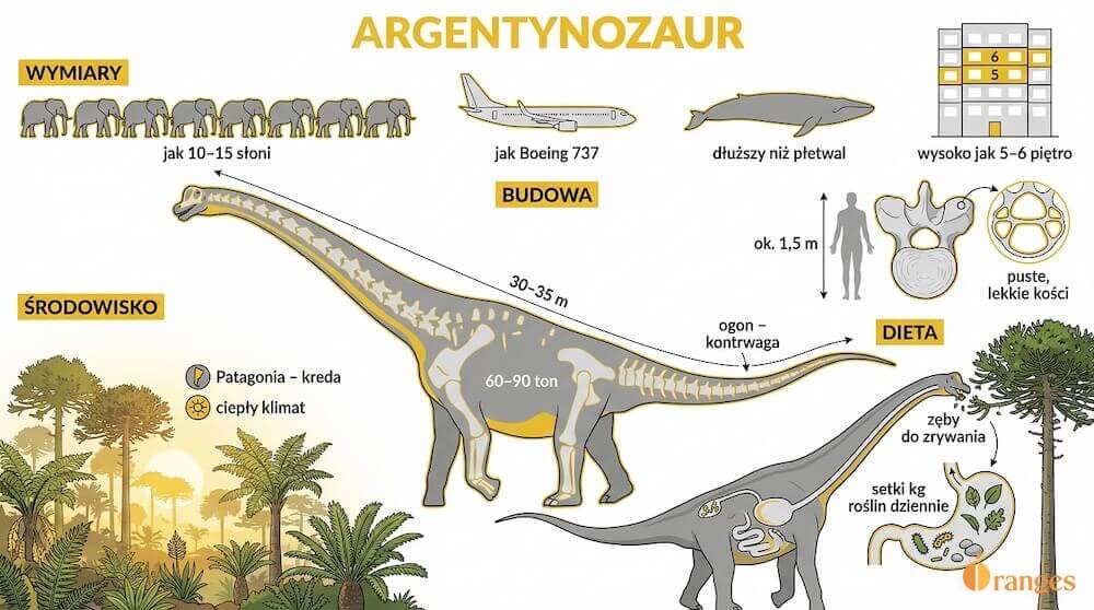 Infografika pokazująca Argentynozaura jako giganta: porównania długości i wagi, budowę nóg, szyi i ogona, lekki kręg wielkości człowieka, środowisko Patagonii oraz sposób żerowania i trawienia roślin