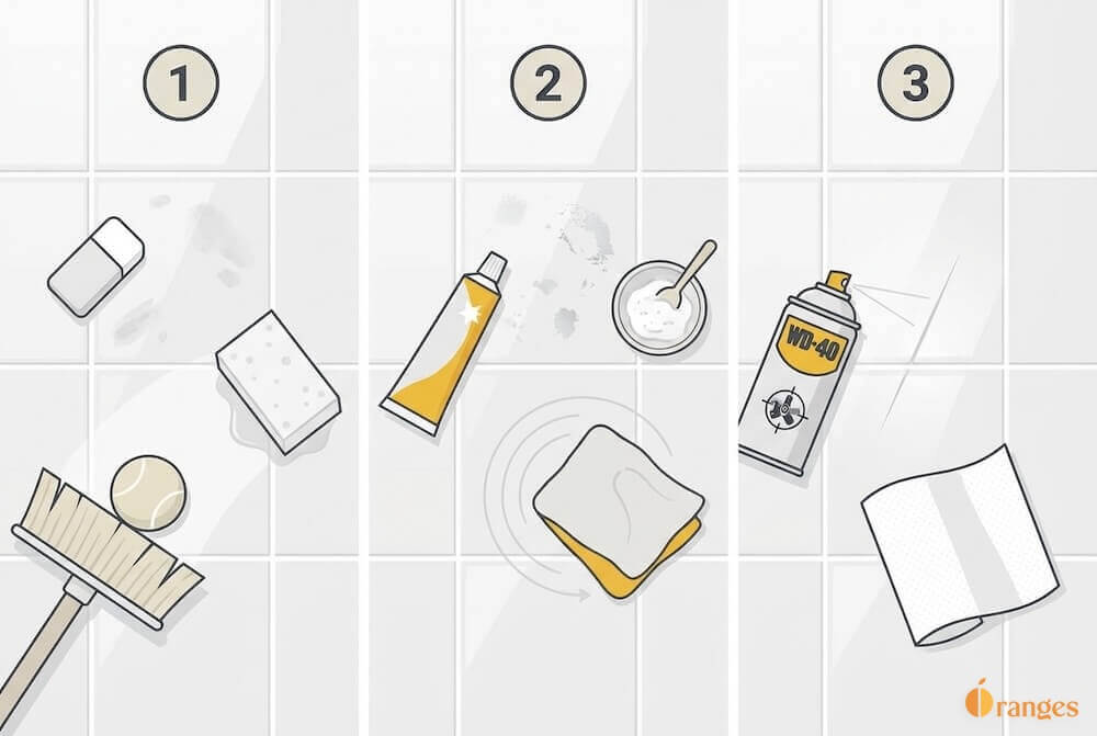 Pozioma infografika 16:9 z trzema sekcjami pokazującymi domowe sposoby na usuwanie płytkich rys i osadu metalicznego z płytek: gumka, magiczna gąbka i piłeczka tenisowa, następnie pasta do zębów i soda z mikrofibrą oraz na końcu spray typu WD-40 i wycieranie papierowym ręcznikiem