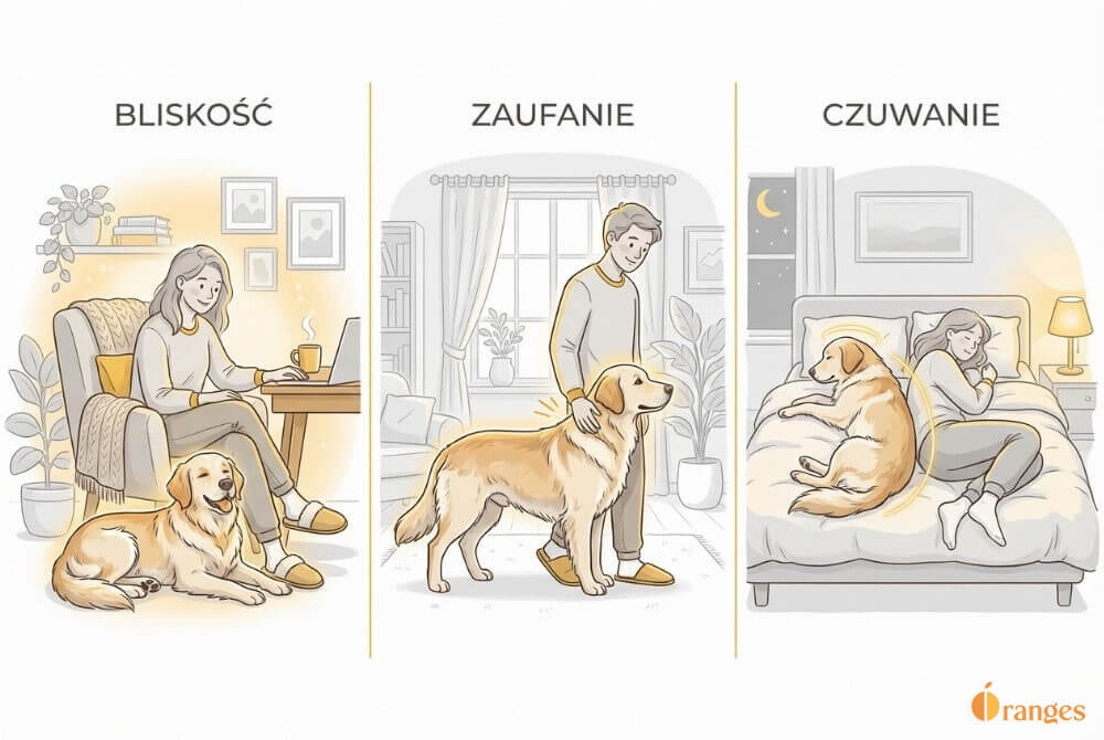Ilustracja w trzech panelach pokazująca psa, który kolejno: kładzie głowę na kolanach lub stopach opiekuna, opiera się całym ciałem o jego nogi oraz śpi z nim plecami w plecy na kanapie lub łóżku