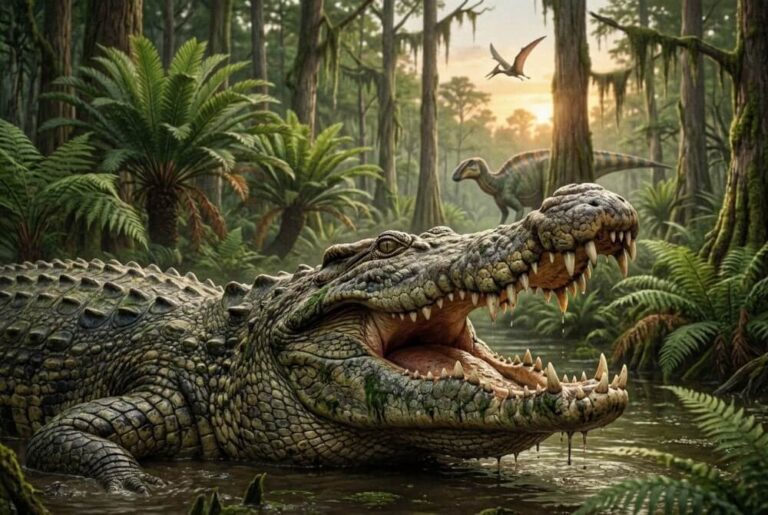 Prehistoryczny krokodyl i dinozaur