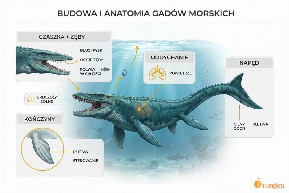 Infografika z realistycznym mozozaurem pod wodą, pokazująca napęd ogonem z płetwą, kończyny przekształcone w płetwy do sterowania, oddychanie powietrzem z koniecznością wynurzania oraz czaszkę i ostre zęby do chwytania i połykania zdobyczy