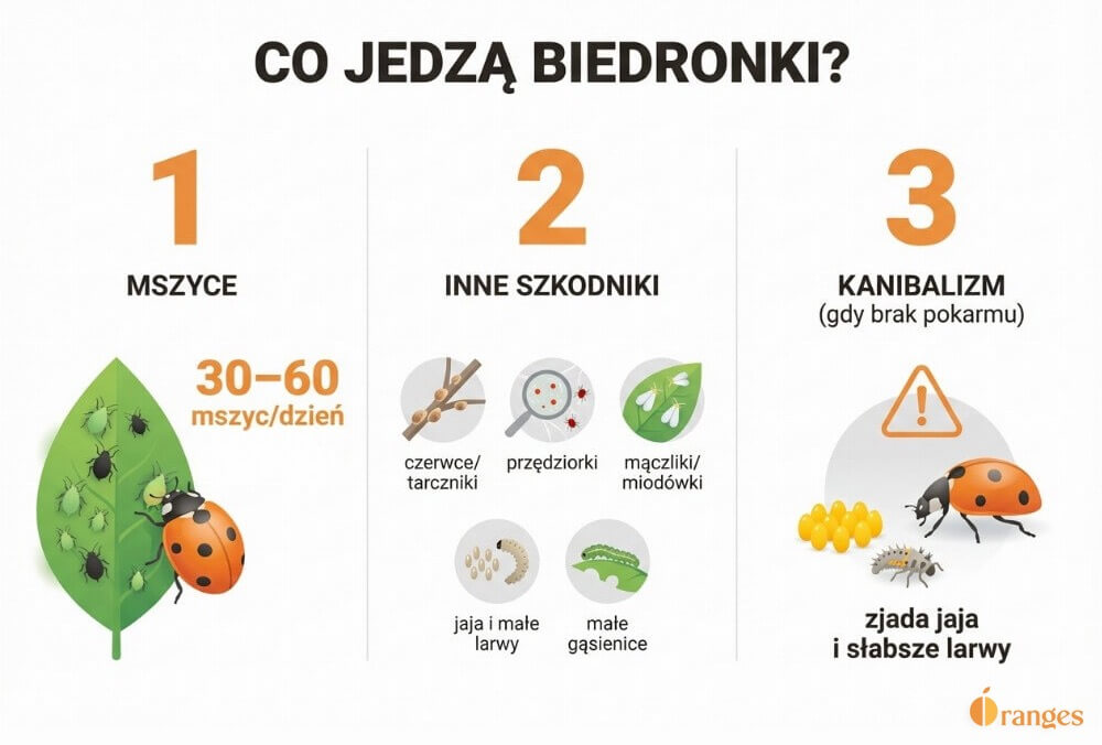 Infografika w trzech sekcjach: biedronki jedzą głównie mszyce (30–60 dziennie), zjadają też inne szkodniki roślin oraz mogą zjadać jaja i larwy przy braku pożywienia