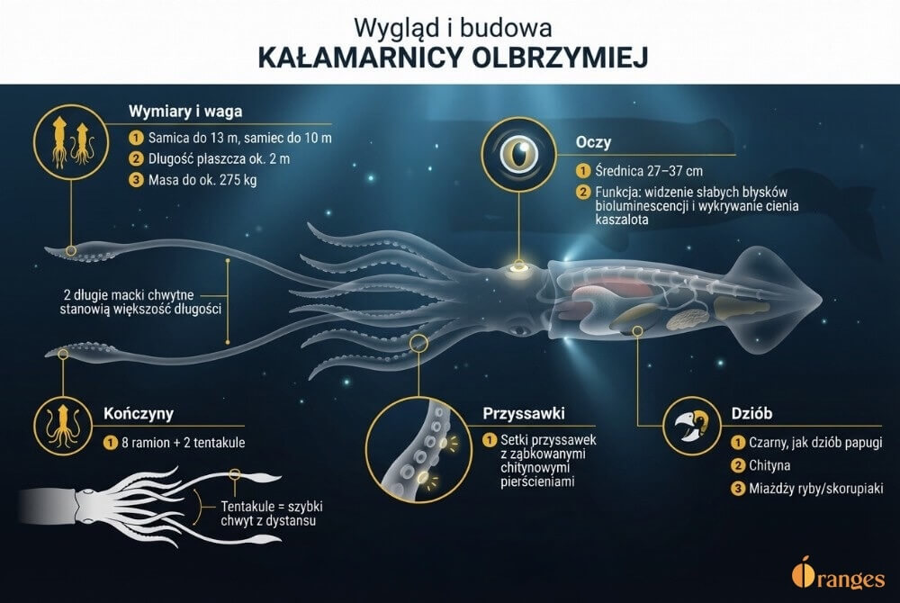 Infografika prezentująca wygląd i budowę kałamarnicy olbrzymiej