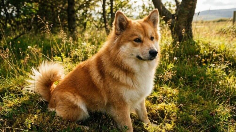 Islandzki szpic pasterski w ogrodzie