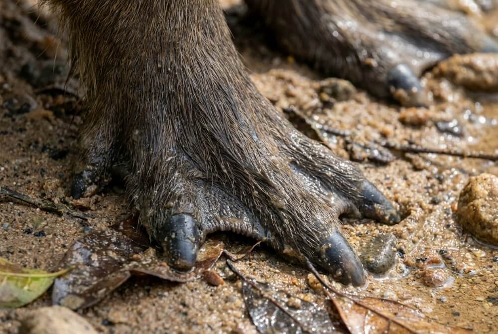 Łapa kapibary z widoczną błoną pławną na palcach