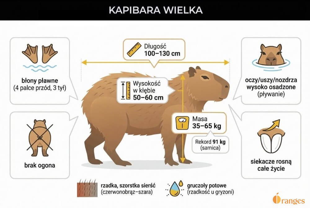 Infografika przedstawiająca kapibarę wielką z kluczowymi wymiarami długości oraz najważniejszymi cechami: błony pławne, wysoko osadzone zmysły, brak ogona i rosnące całe życie siekacze