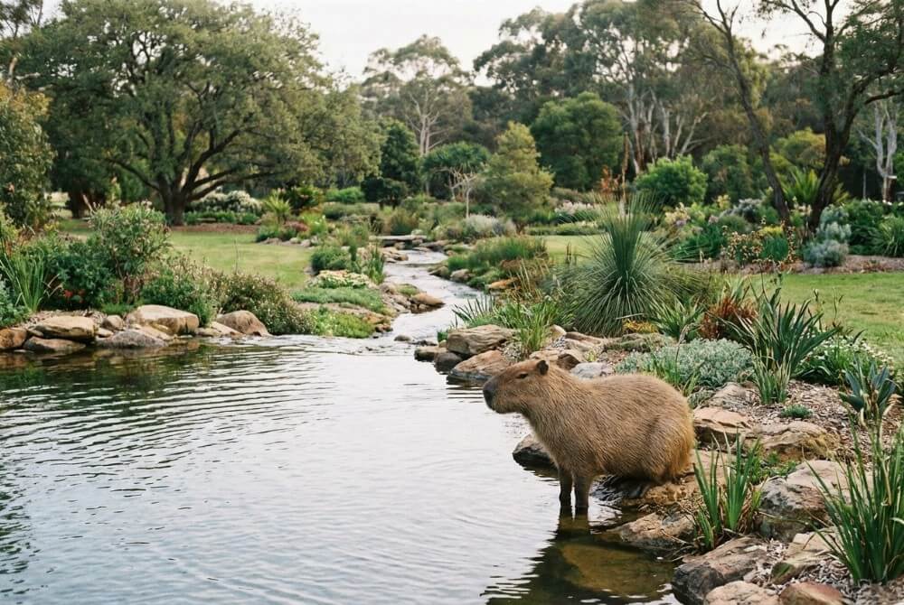 Kapibara w przestronnym ogrodzie przy stawie, obrazująca potrzebę dostępu do wody