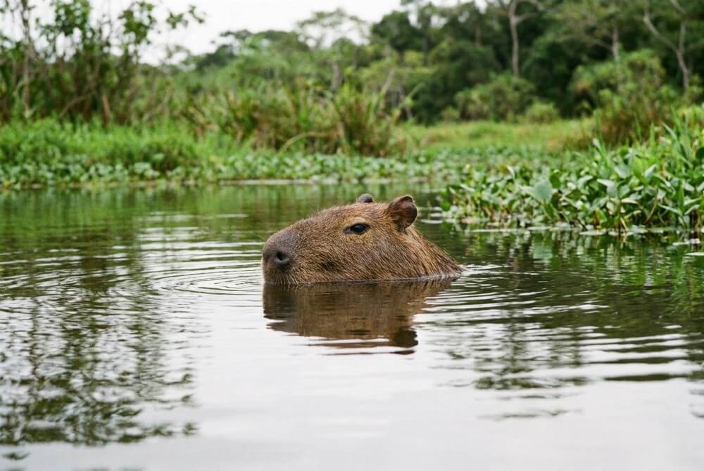 Głowa kapibary wielkiej wystająca nad powierzchnię wody