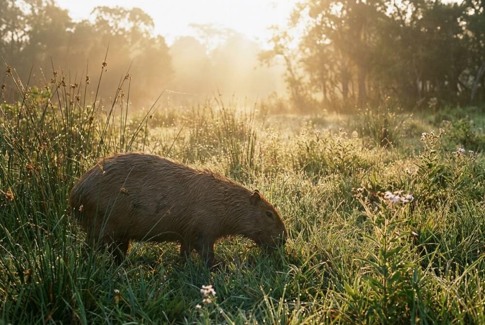 Kapibara żerująca na trawie na wilgotnej łące