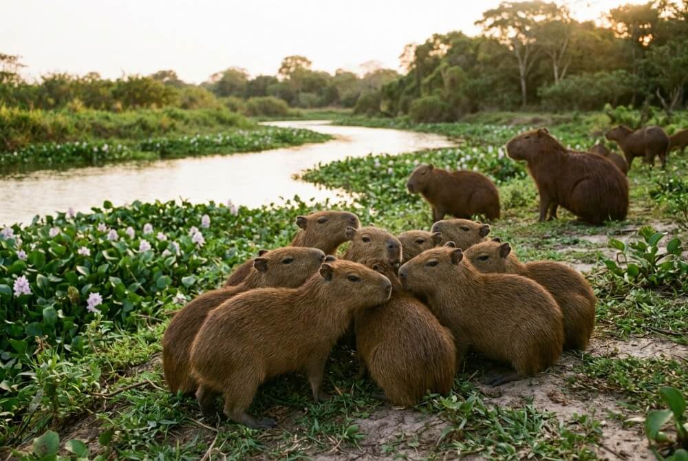 Grupa młodych kapibar trzymających się razem pod opieką dorosłych