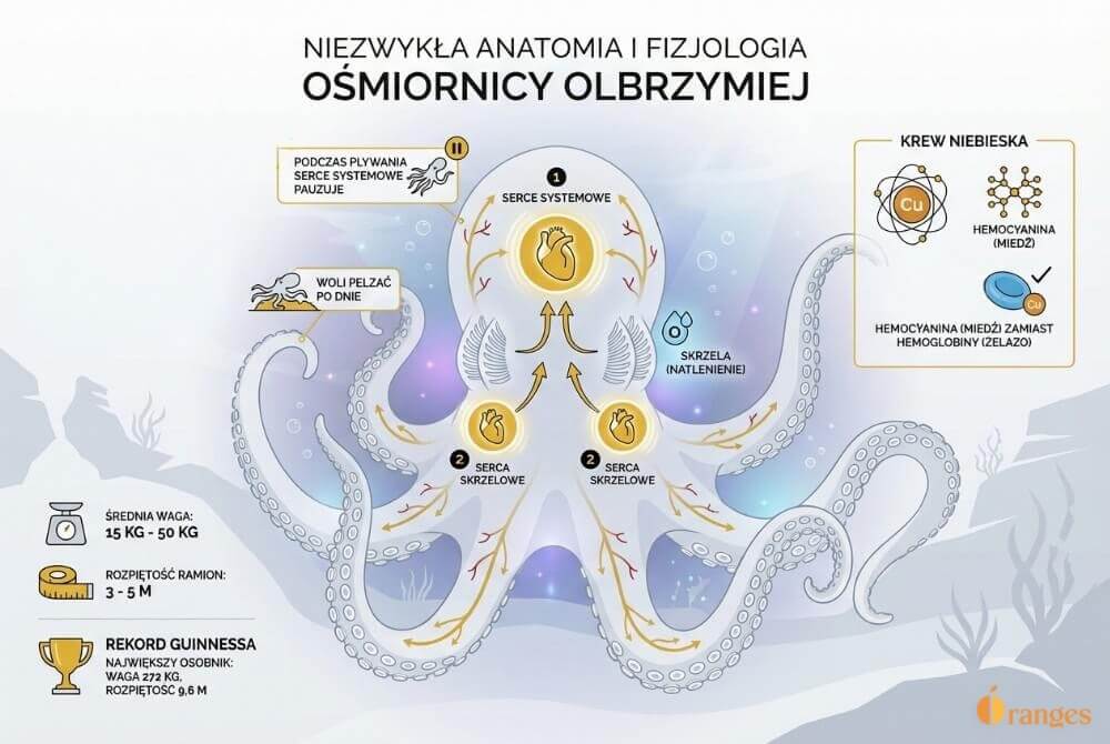 Infografika pokazująca trzy serca ośmiornicy olbrzymiej, kierunek przepływu krwi przez skrzela i ciało oraz wyjaśnienie niebieskiej krwi opartej na hemocyjaninie