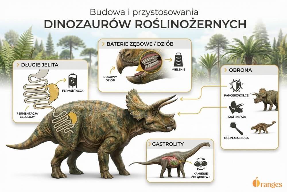 Infografika z realistycznym dinozaurem roślinożernym, pokazująca długie jelita i fermentację, baterie zębowe i dziób, gastrolity oraz mechanizmy obrony (pancerz, rogi, ogon-maczugą, stado, gigantyzm) na tle mezozoicznej roślinności