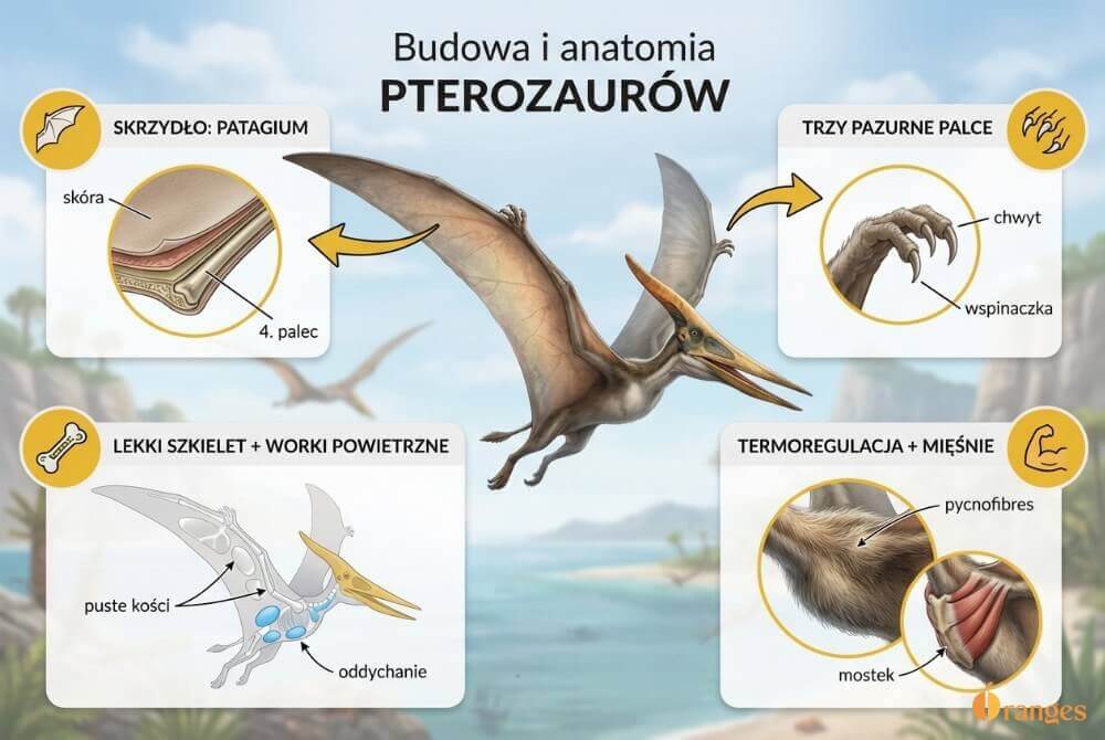 Infografika z realistycznym pterozaurem w locie, pokazująca skórzaną błonę skrzydła rozpiętą na wydłużonym czwartym palcu, trzy pazurne palce do chwytu, pneumatyczne kości i system worków powietrznych oraz pycnofibres i rozwinięty mostek dla silnych mięśni skrzydeł