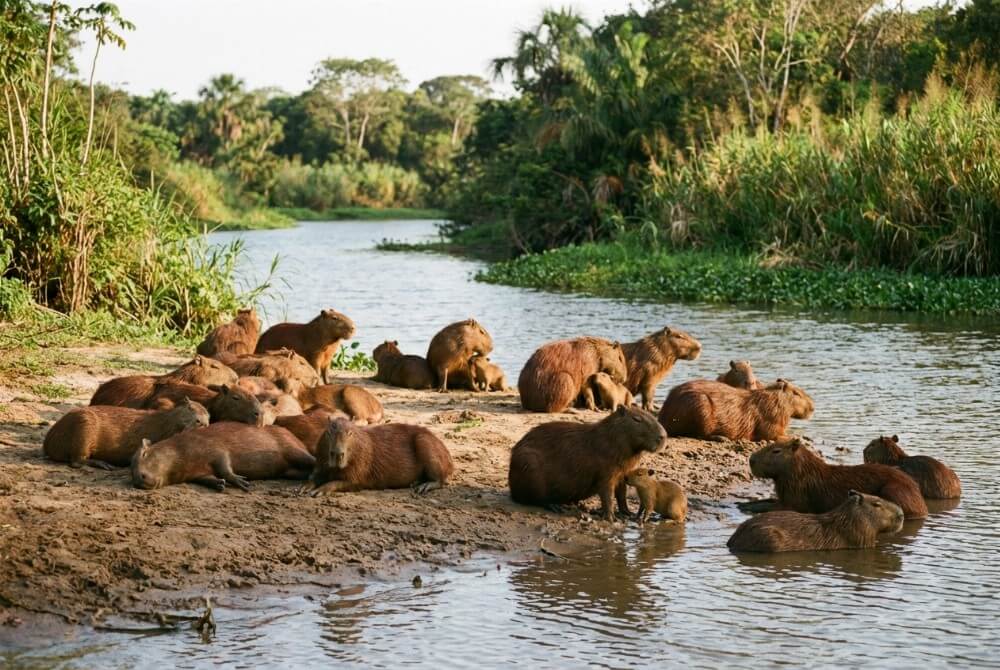 Kapibary w naturalnym środowisku mokradeł nad rzeką