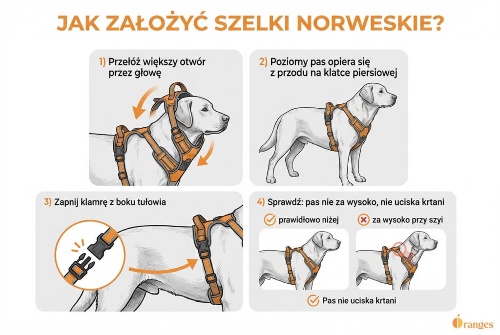 Infografika prezentująca sposób założenia, szelki norweskie dla psa