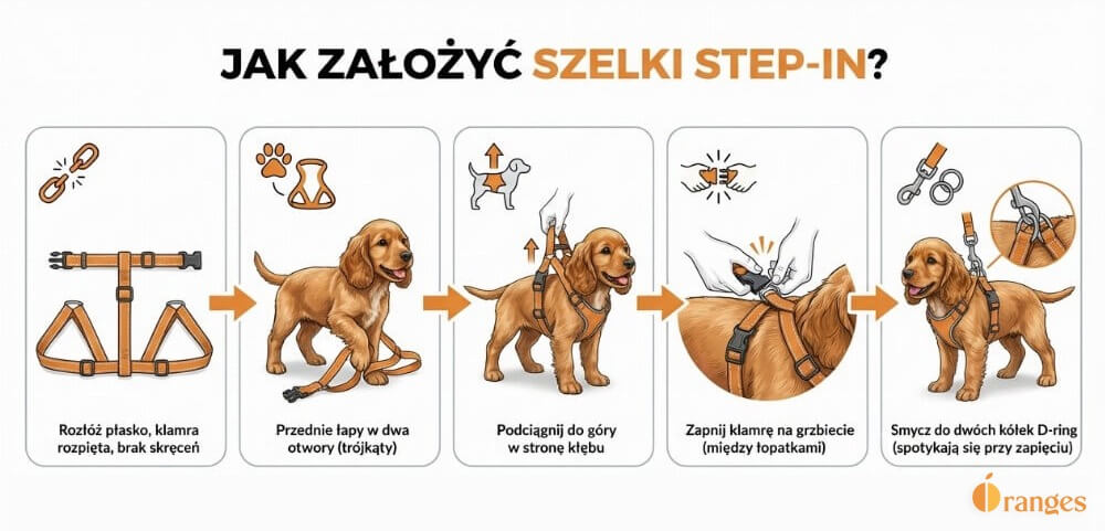 Infografika z 5 krokami zakładania szelek step-in: rozłożenie na ziemi, ustawienie łap w otworach, podciągnięcie do kłębu, zapięcie na grzbiecie i przypięcie smyczy do dwóch D-ringów