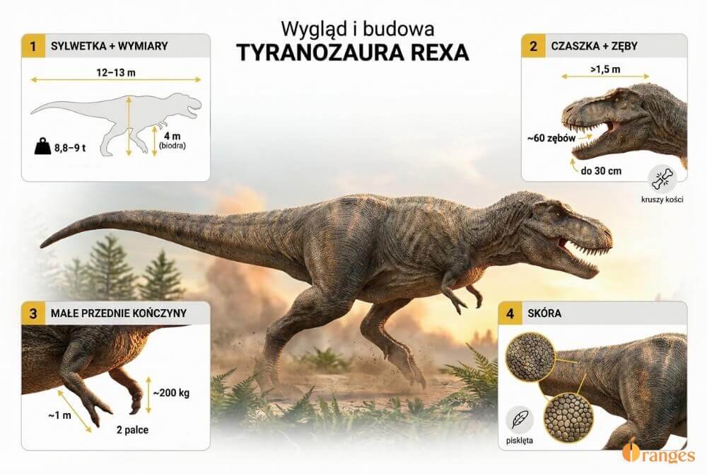 Infografika z realistycznym Tyrannosaurus rex w pozycji poziomej, pokazująca wymiary (12–13 m, 4 m w biodrach, 8,8–9 t), przeciwwagę ogona, masywną czaszkę (>1,5 m) i uzębienie (~60 zębów do 30 cm do kruszenia kości), małe lecz silne przednie kończyny (~1 m, 2 palce, ok. 200 kg) oraz mozaikowe łuski na ciele
