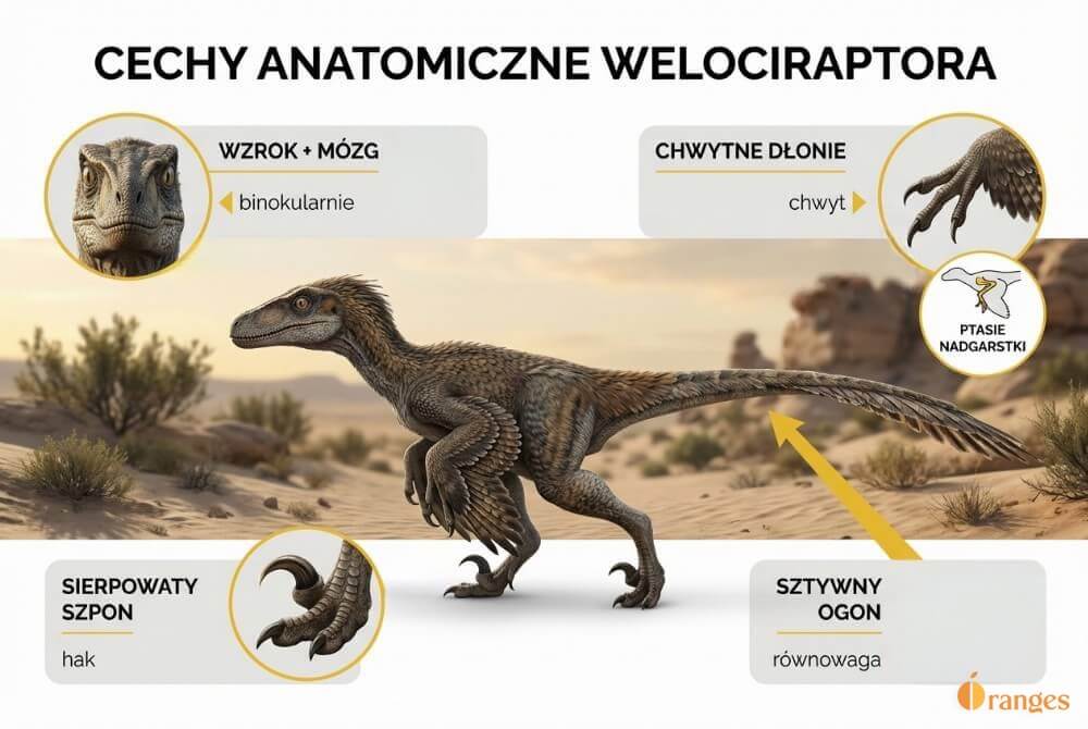 Infografika z realistycznym welociraptorem, pokazująca sierpowaty szpon drugiego palca stopy, chwytne dłonie z pazurami, usztywniony ogon do utrzymania równowagi oraz binokularne widzenie i wysoką inteligencję, na tle krajobrazu późnej kredy.