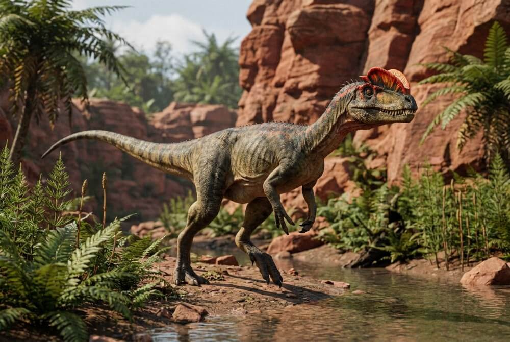 Zdjęcie dinozaura, Dilofozaur, w naturalnym środowisku