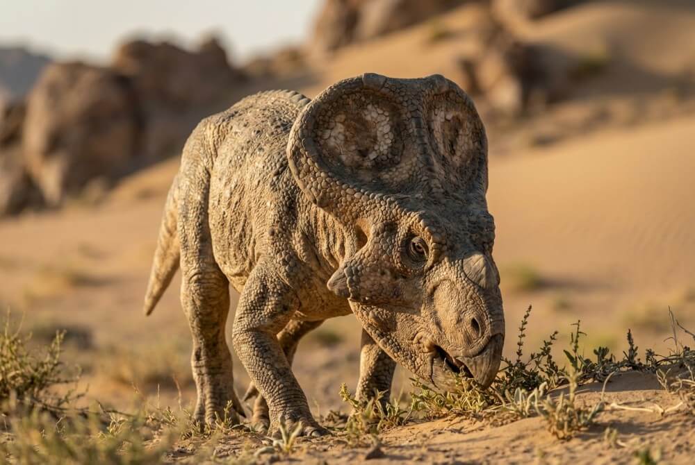 Zdjęcie dinozaura, Protoceratops, w naturalnym środowisku