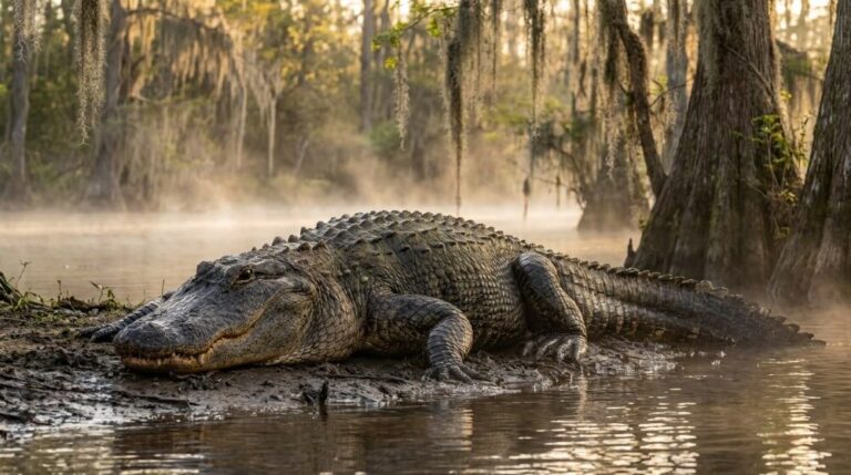 Gigantyczny aligator amerykański leżący na brzegu bagnistego jeziora w naturalnym środowisku mokradeł południowych Stanów Zjednoczonych