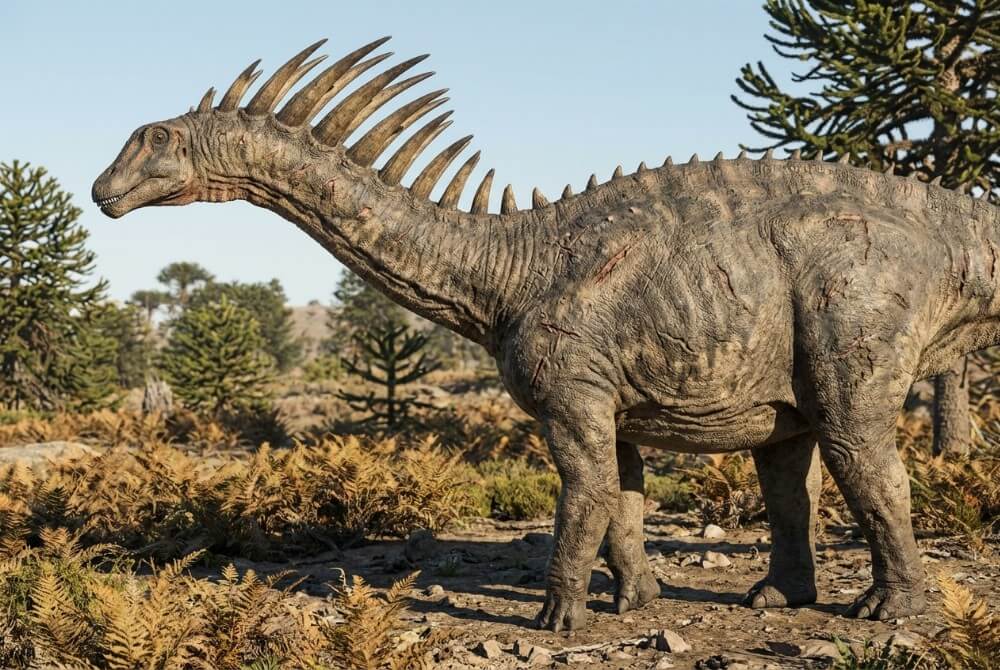 Amargazaur z dwoma rzędami długich kolców na szyi, pokazany w prostym, naturalnym krajobrazie